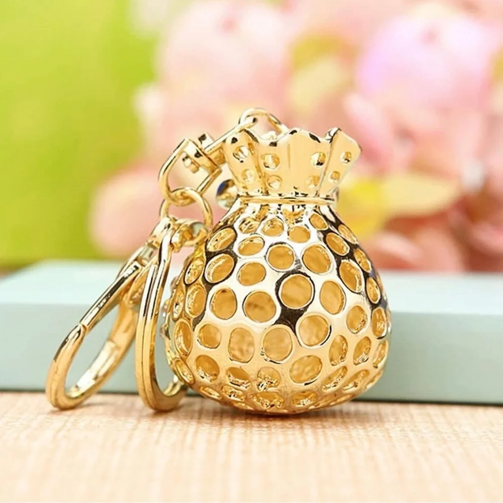 Green Rhinestone Money Bag Keychain Purse Charm Lucky Clover Gold Tone